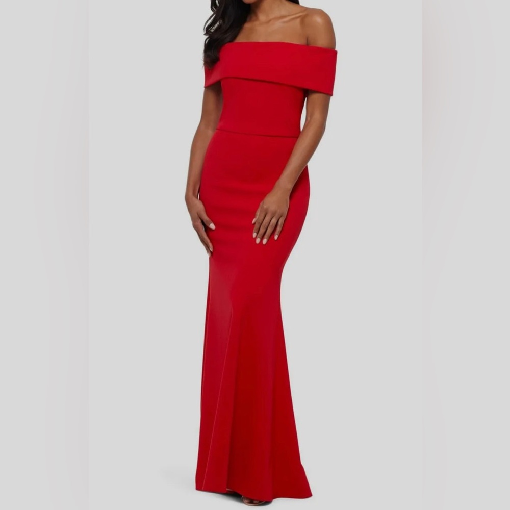 Betsy & Adam Red Ruched Ruffled Off Shoulder Gown Dress Size 2